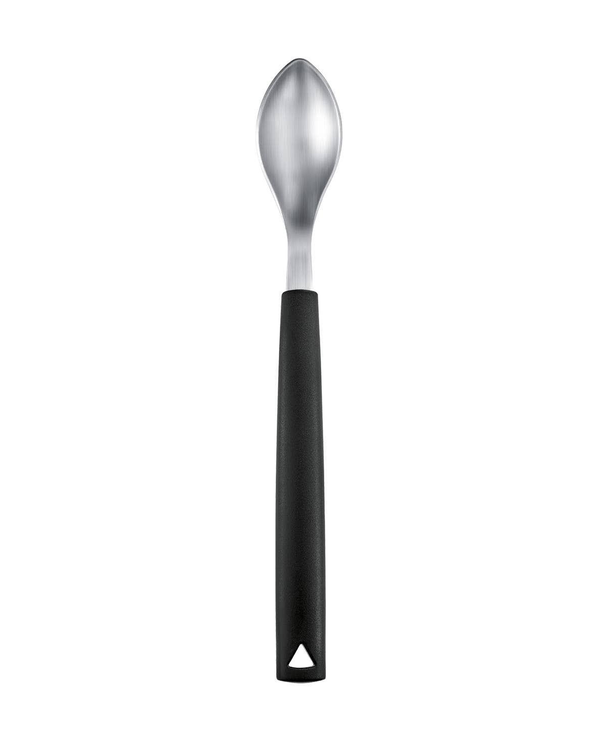 A stainless steel quenelle spoon with a black handle, shown vertically against a plain white background.