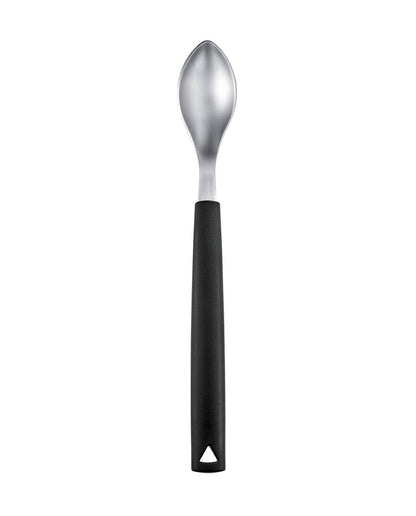 A stainless steel quenelle spoon with a black handle, shown vertically against a plain white background.