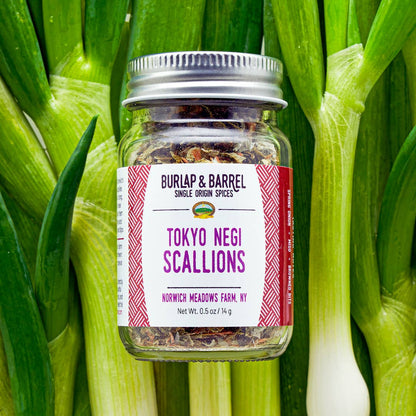Jar of Tokyo Negi Scallions surrounded by green scallion plants