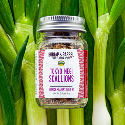Jar of Tokyo Negi Scallions surrounded by green scallion plants