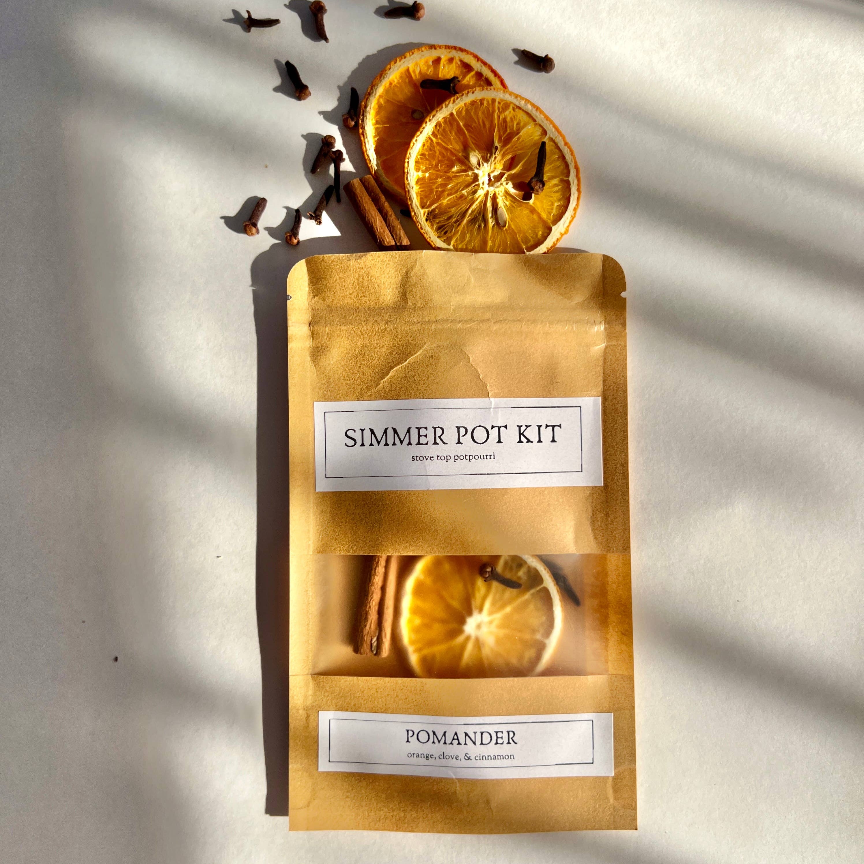 Simmer pot kit with dried oranges on a light background