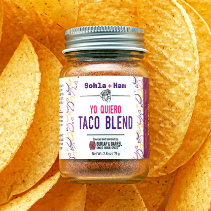 Jar of Sohma + Ham Yo Quiero Taco Blend surrounded by tortilla chips