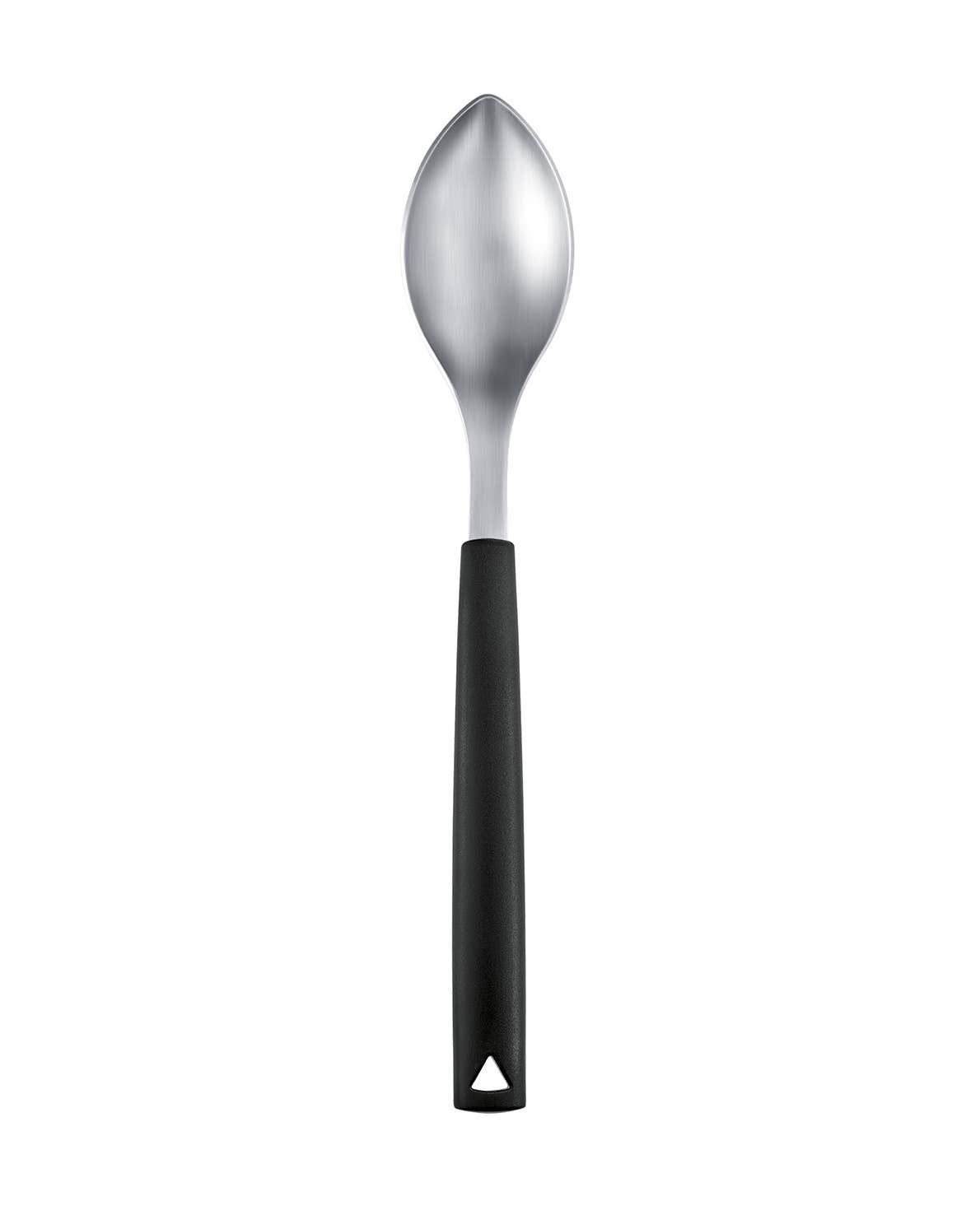 A stainless steel spoon with a black handle, shown vertically against a plain white background.