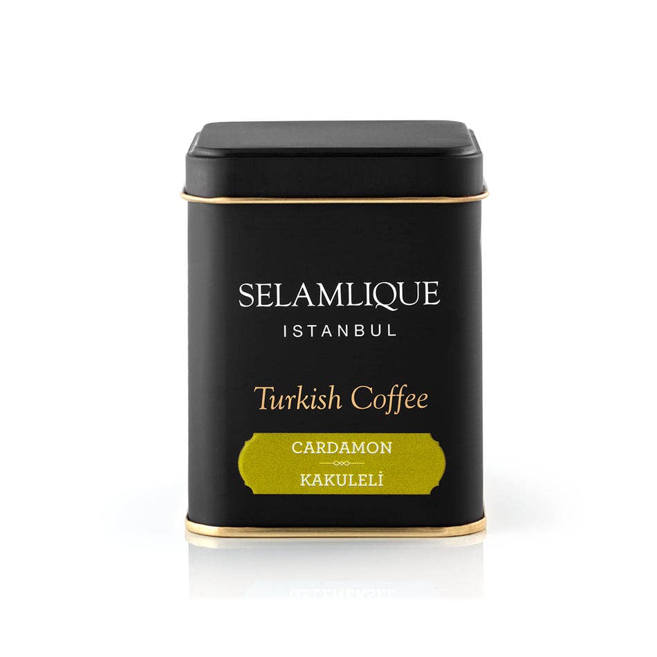 Black coffee tin with gold text and branding on a white background