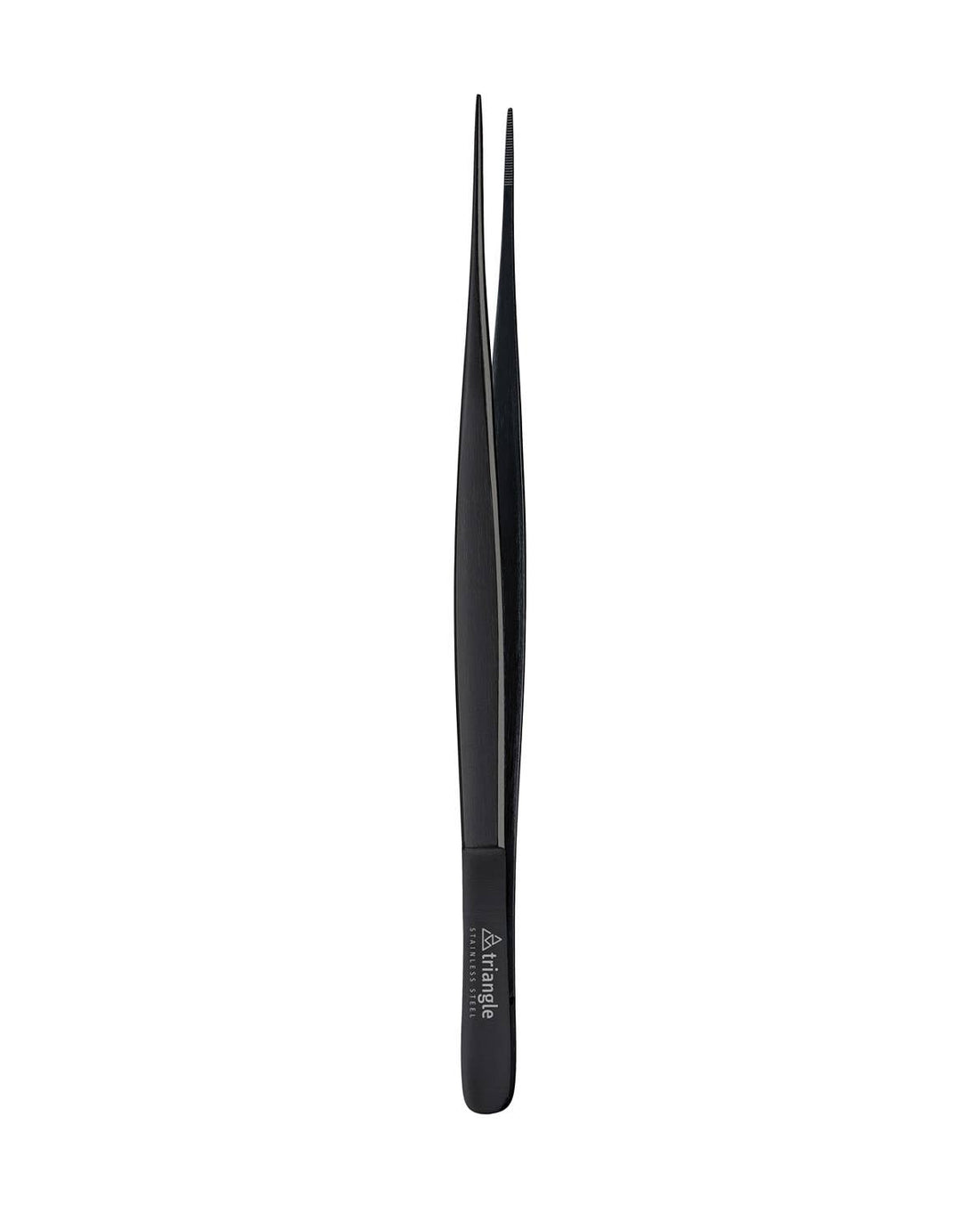 Black tweezers with a brand logo on a white background