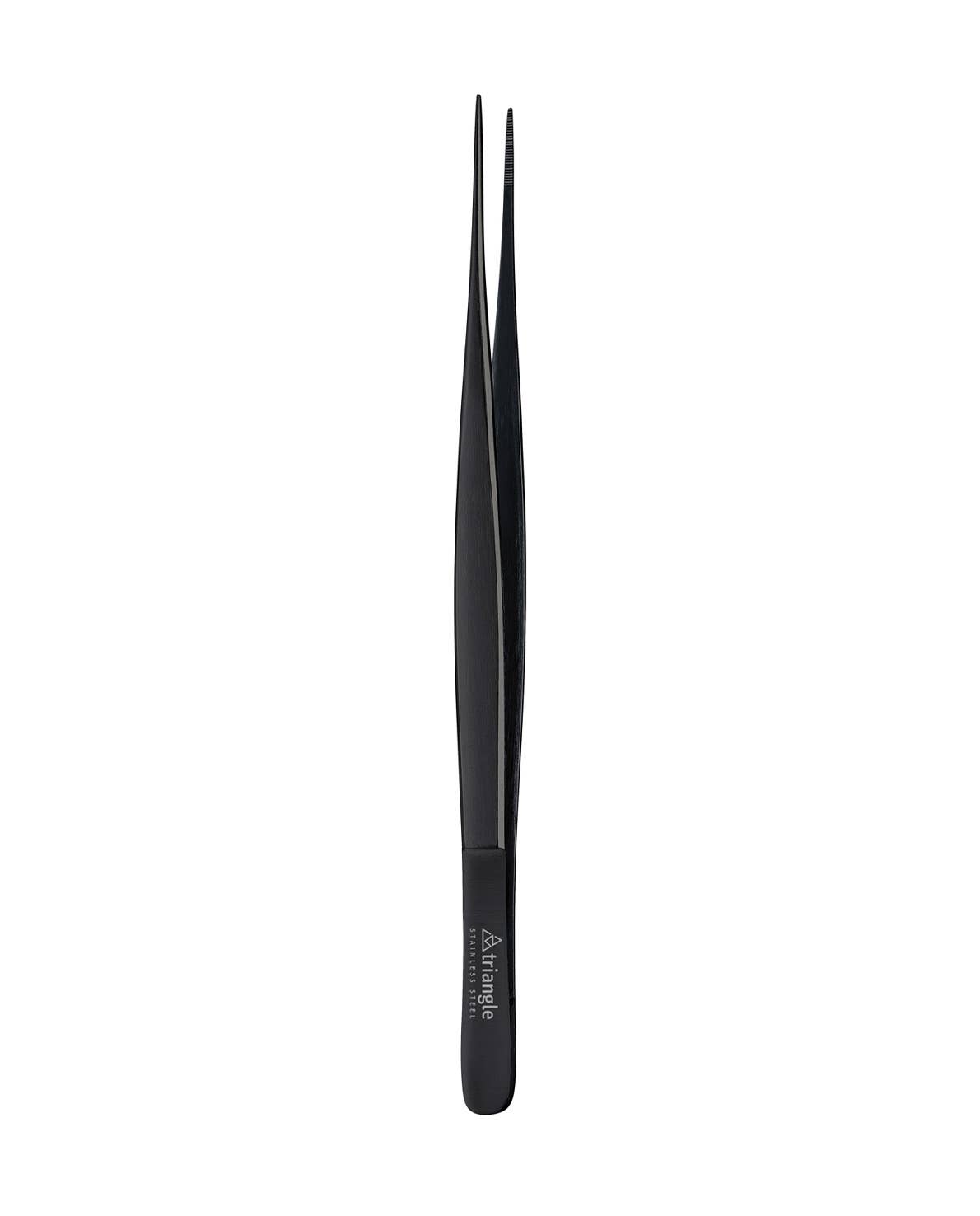 Black tweezers with a brand logo on a white background