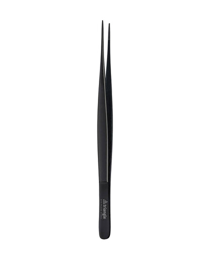 Black tweezers with a brand logo on a white background