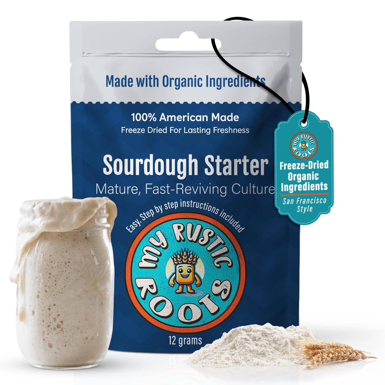 Rustic Roots sourdough starter package with a jar of starter and flour on a white background