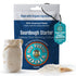 Rustic Roots sourdough starter package with a jar of starter and flour on a white background