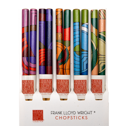 Set of colorful chopsticks with Frank Lloyd Wright branding on a white background