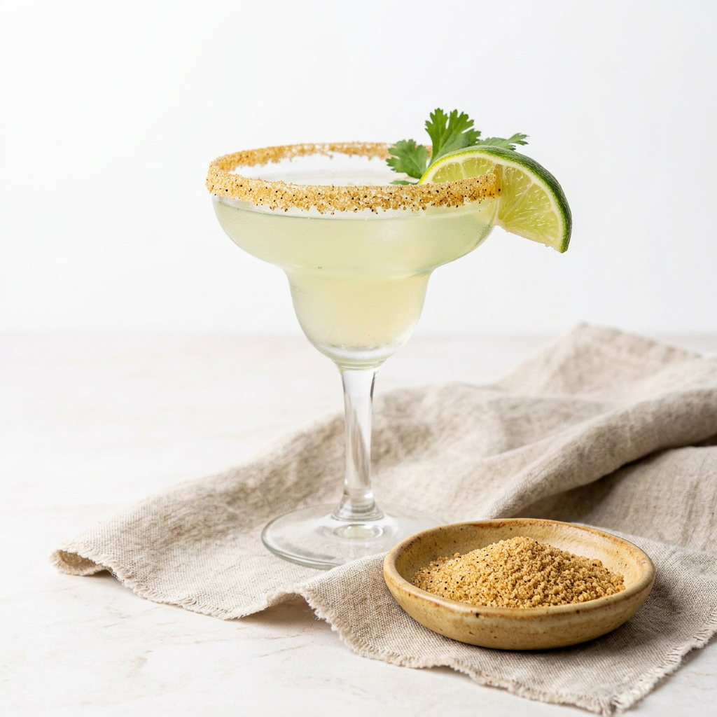 A cocktail with a slice of lime and chili lime rimming salt, with a dish of the salt next to it