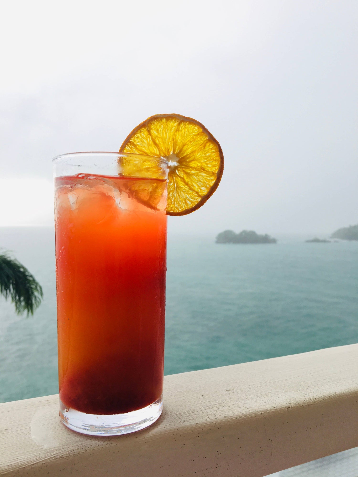 Glass of red cocktail with a lime wheel on a ledge overlooking water