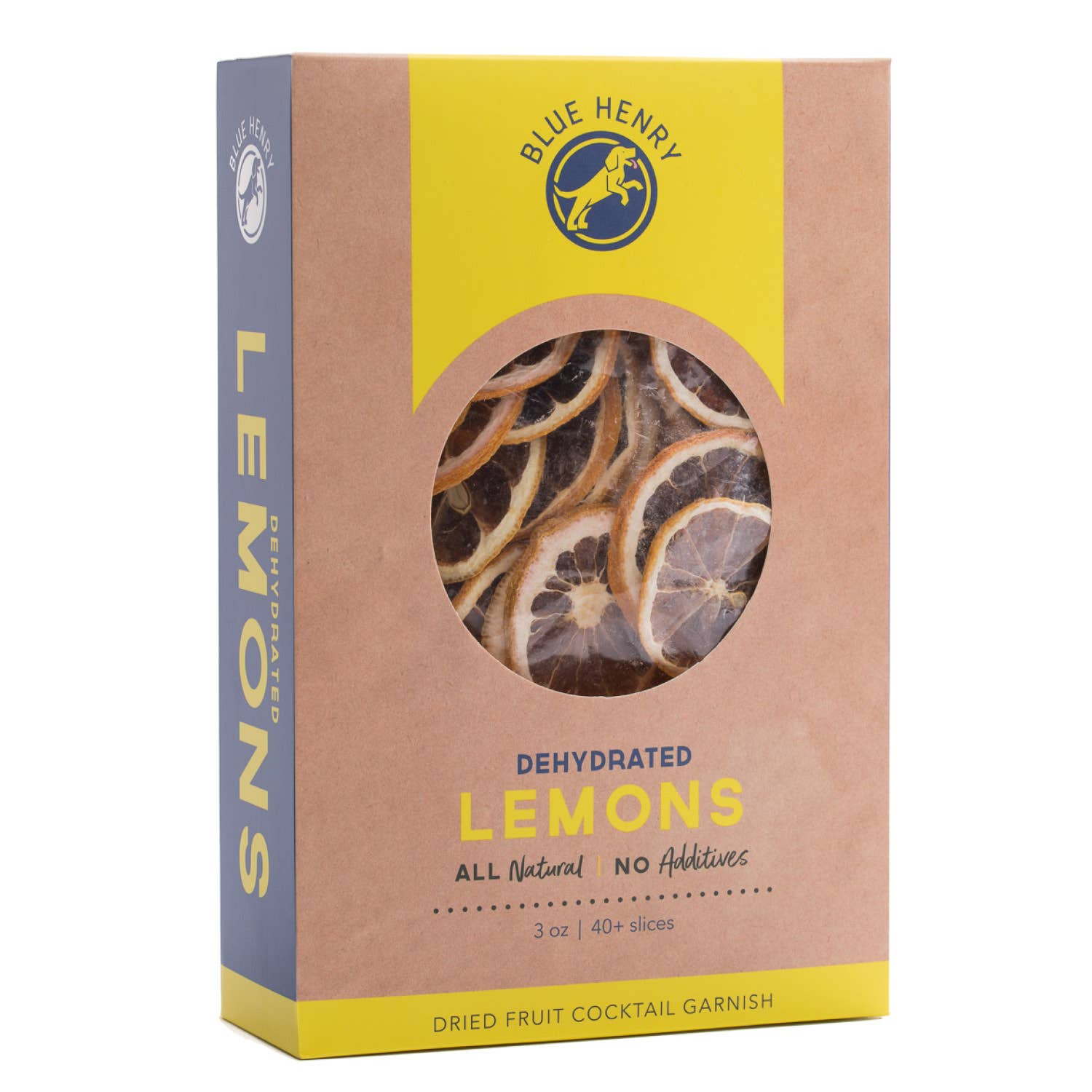 Box of Blue Henry dehydrated lemons with a clear window showing the product.