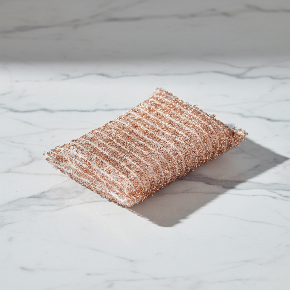 Rectangular pink bath sponge on a marble surface