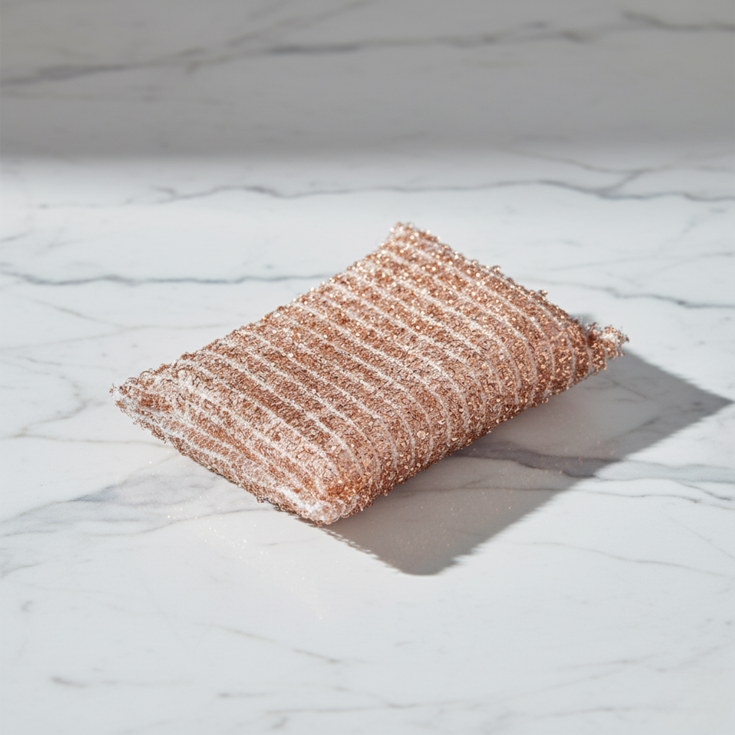 Rectangular pink bath sponge on a marble surface