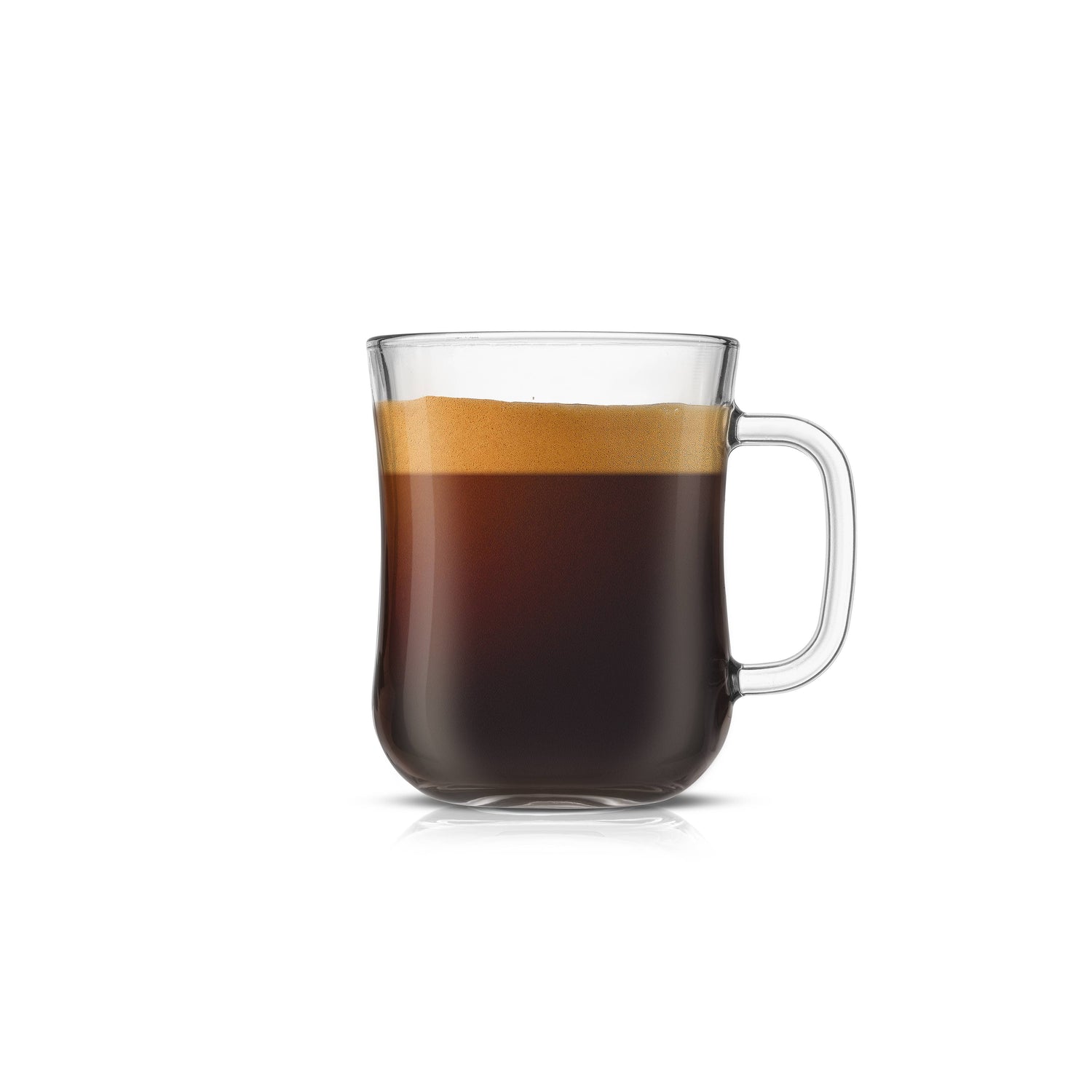 Clear glass mug filled with a layered drink on a white background