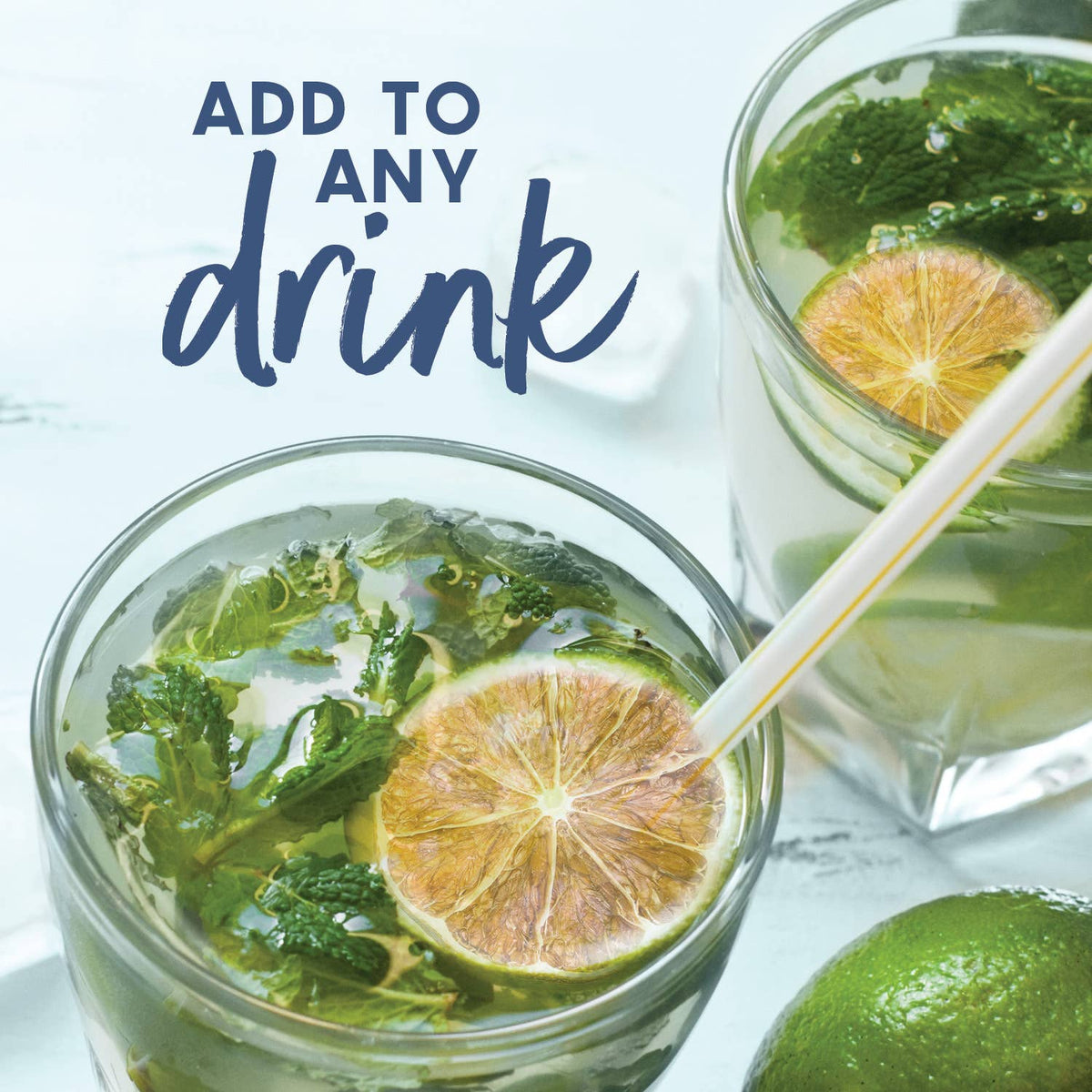 Two glasses of green iced drinks with lime slices and mint leaves, text &