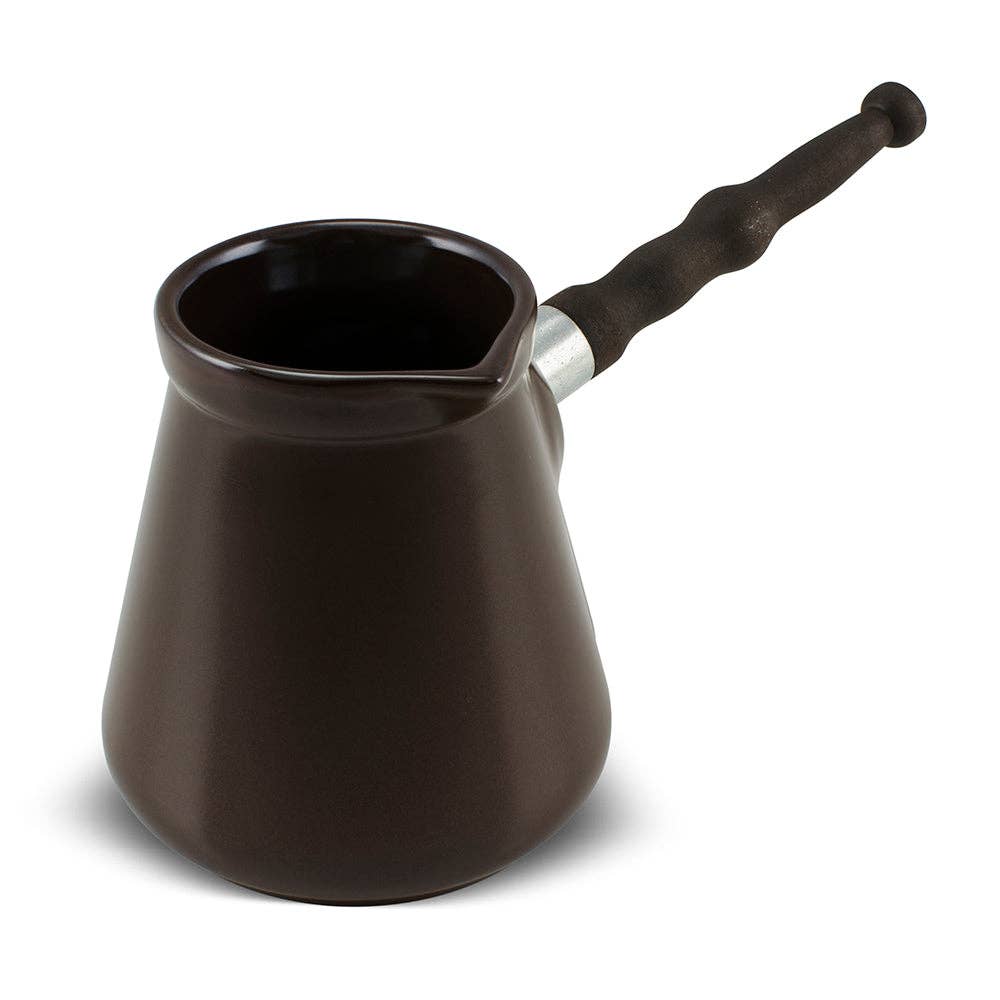 Brown enameled cast iron coffee pot with a black handle on a white background