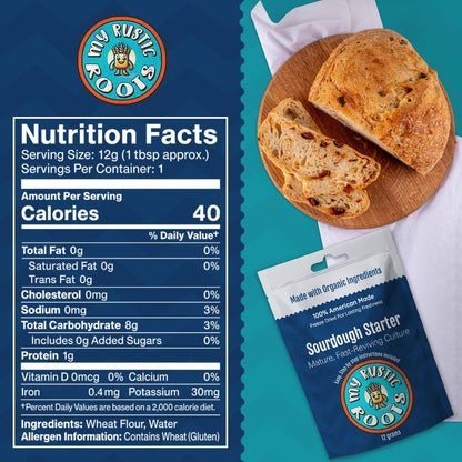 Nutrition facts label and package of My Rustic Roots sourdough starter on a blue background