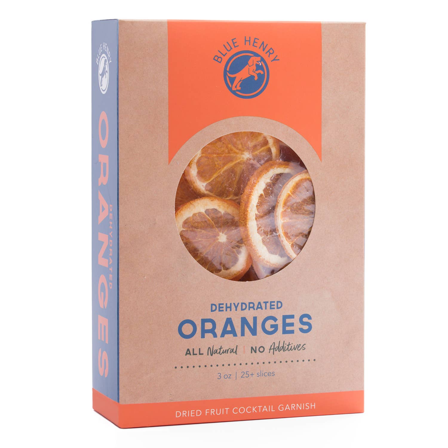 Box of dehydrated oranges with Blue Henry branding on a white background