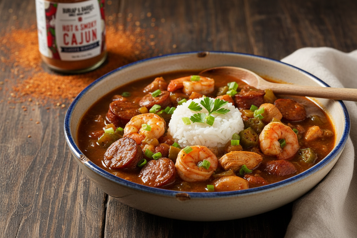 A close-up of a bowl of Cajun shrimp and sausage stew with white rice, garnished with green onions and parsley, set on a dark wooden table with a jar of Burlap &amp; Barrel Hot &amp; Smoky Cajun seasoning in the background.
