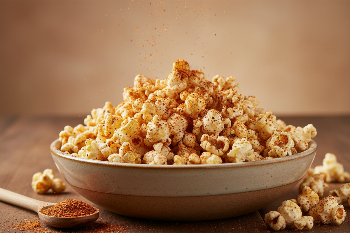 Bowl of popcorn with cajun seasoning on it