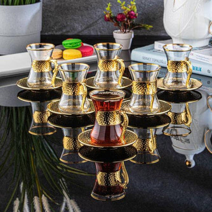 Vintage Turkish Tea Glasses with Saucers, Set of 6 (4.22 oz)