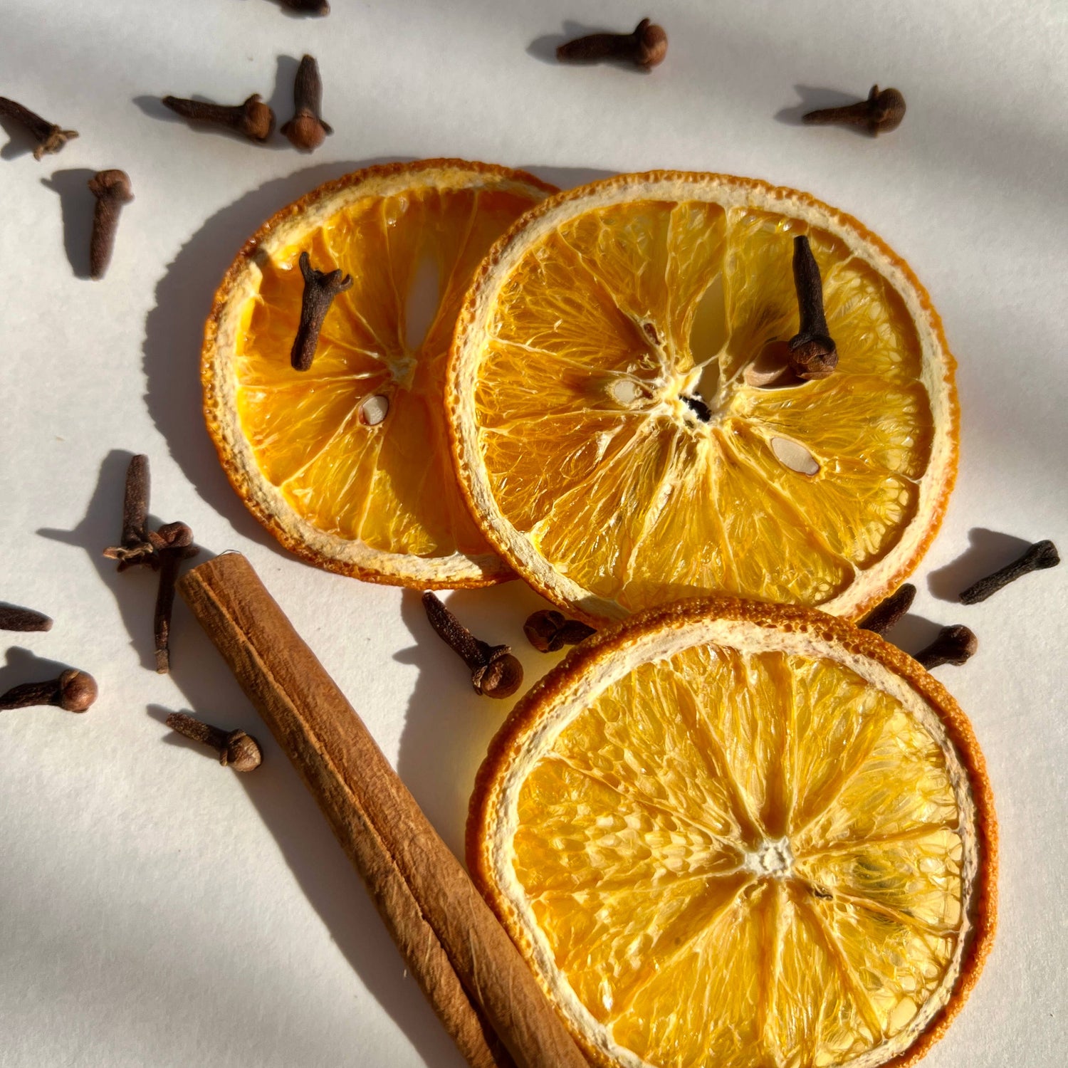 Dried orange slices with cinnamon stick and cloves on a light background
