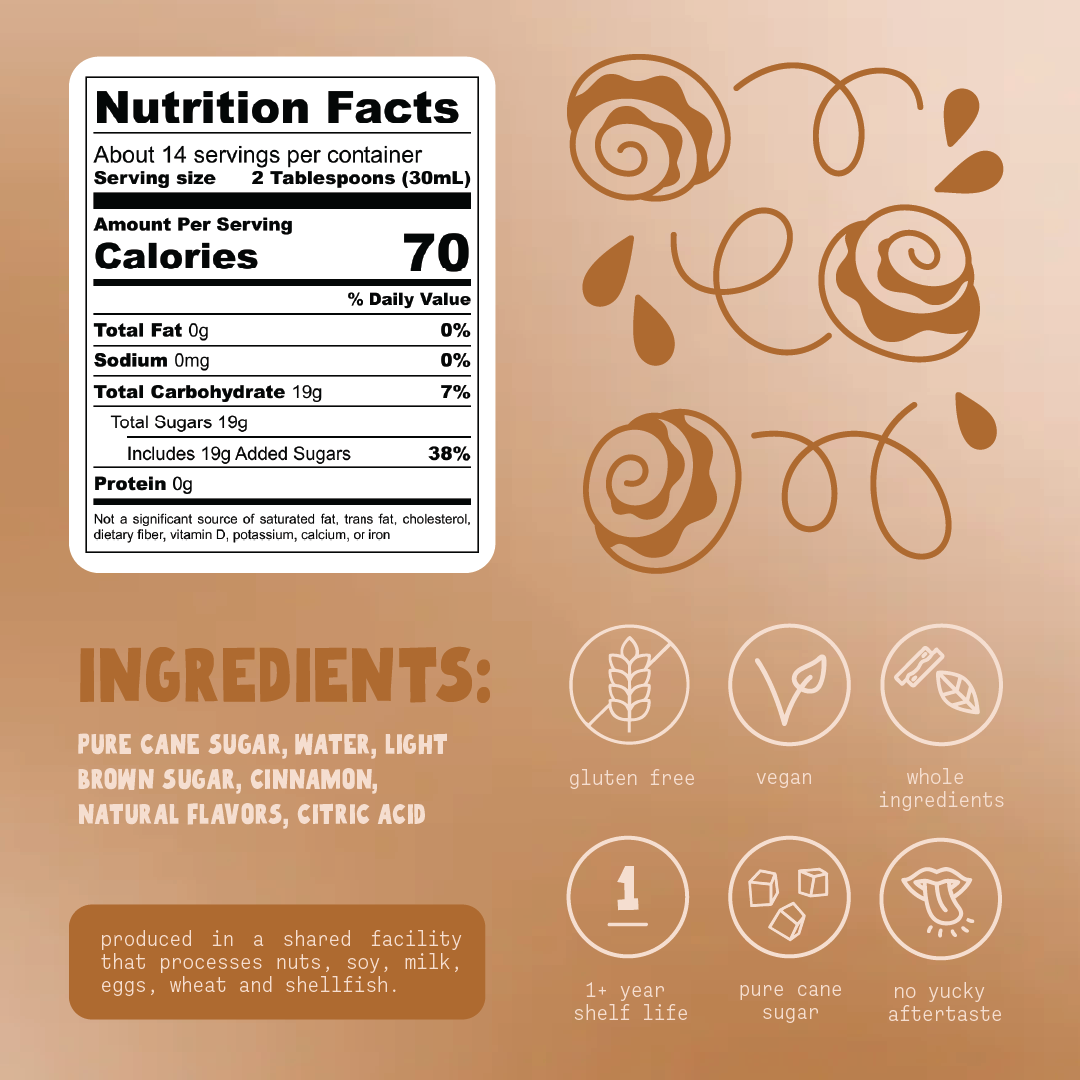 Nutrition facts label and ingredients list on a brown background with decorative elements.