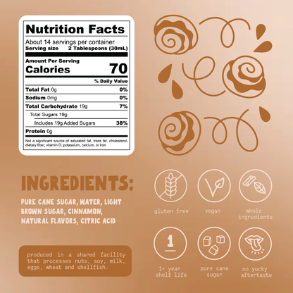 Nutrition facts label and ingredients list on a brown background with decorative elements.