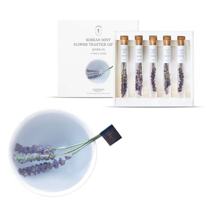 Korean mint flower teastick gift set with a bowl of lavender on a white background