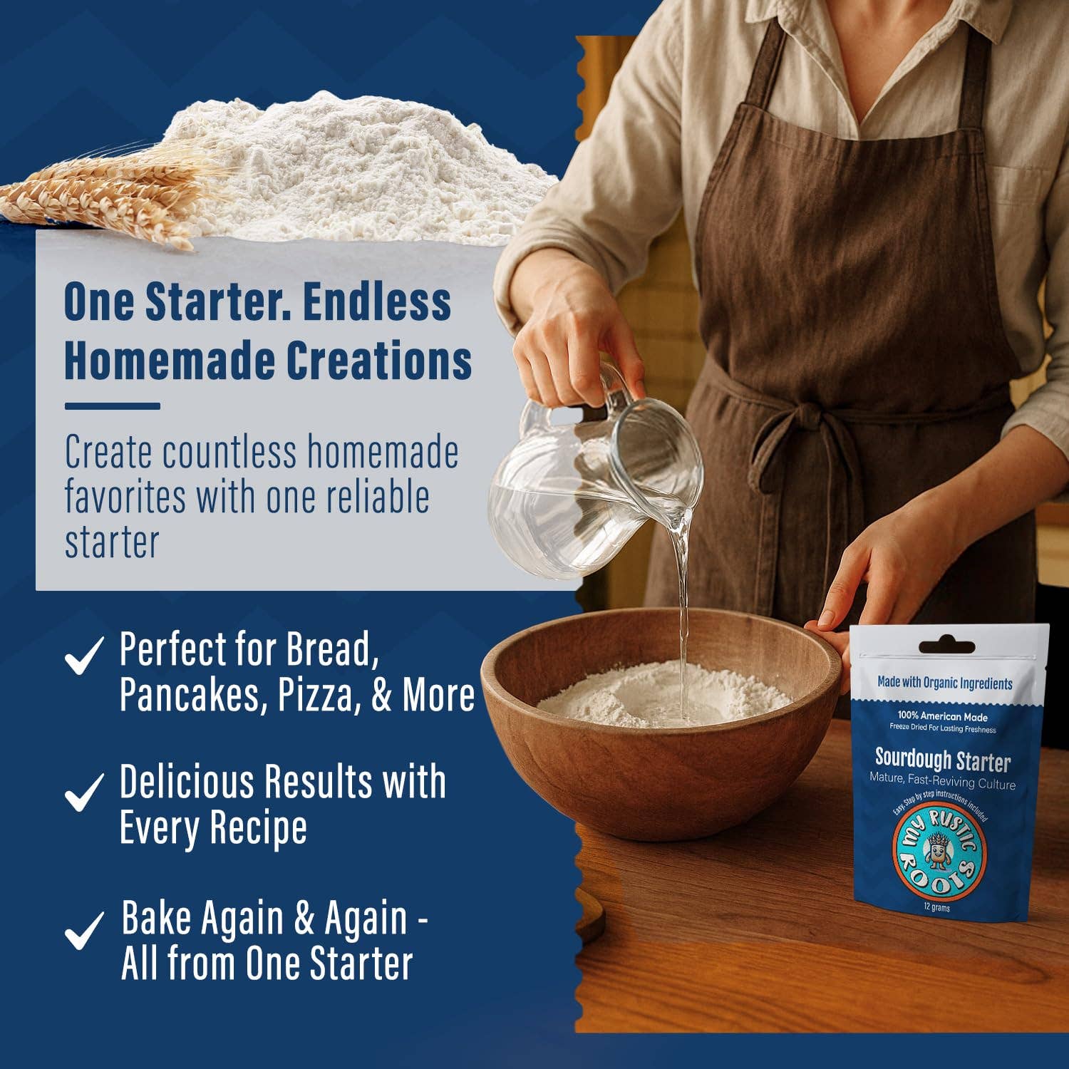 Person pouring liquid into a bowl of flour with text about sourdough starter on a blue background