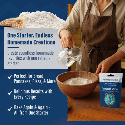 Person pouring liquid into a bowl of flour with text about sourdough starter on a blue background