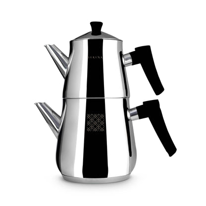 Stainless steel coffee percolator with black accents on a white background