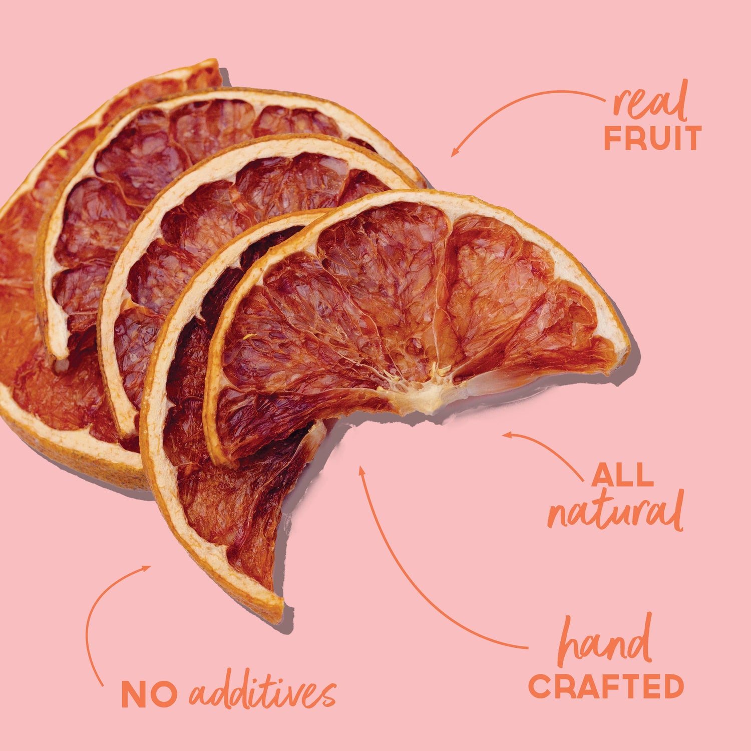 Dried grapefruit slices on a pink background with text highlighting natural and handcrafted qualities.