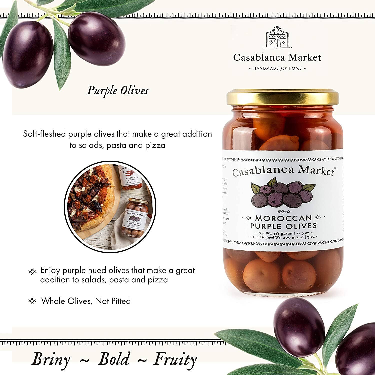 Jar of Casablanca Market purple olives with packaging details and uses.