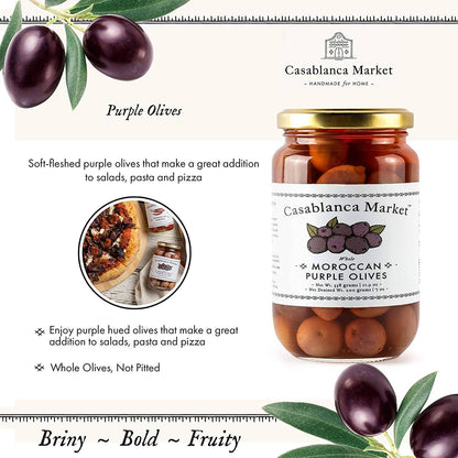 Jar of Casablanca Market purple olives with packaging details and uses.