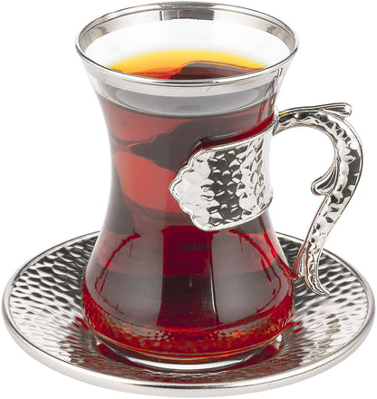 Vintage Turkish Tea Glasses with Saucers, Set of 6 (4.22 oz)