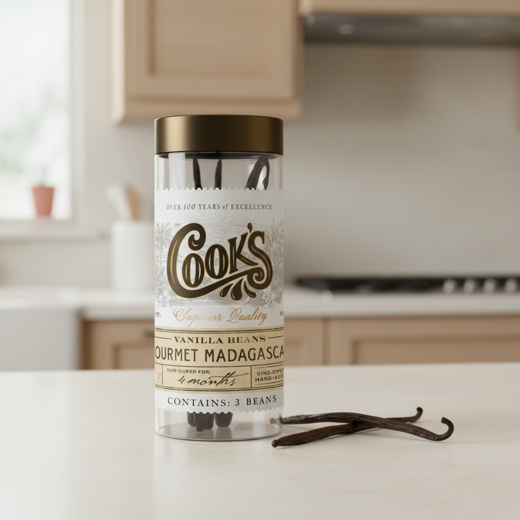 Jar of gourmet Madagascar vanilla beans on a kitchen counter