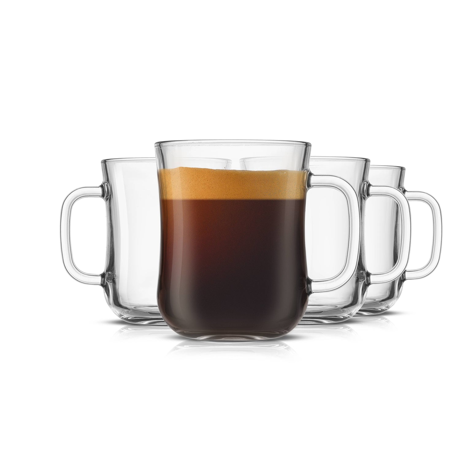 Set of four clear glass mugs with handles, two containing coffee.