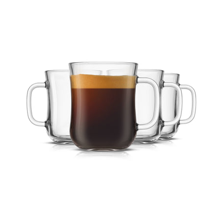 Set of four clear glass mugs with handles, two containing coffee.