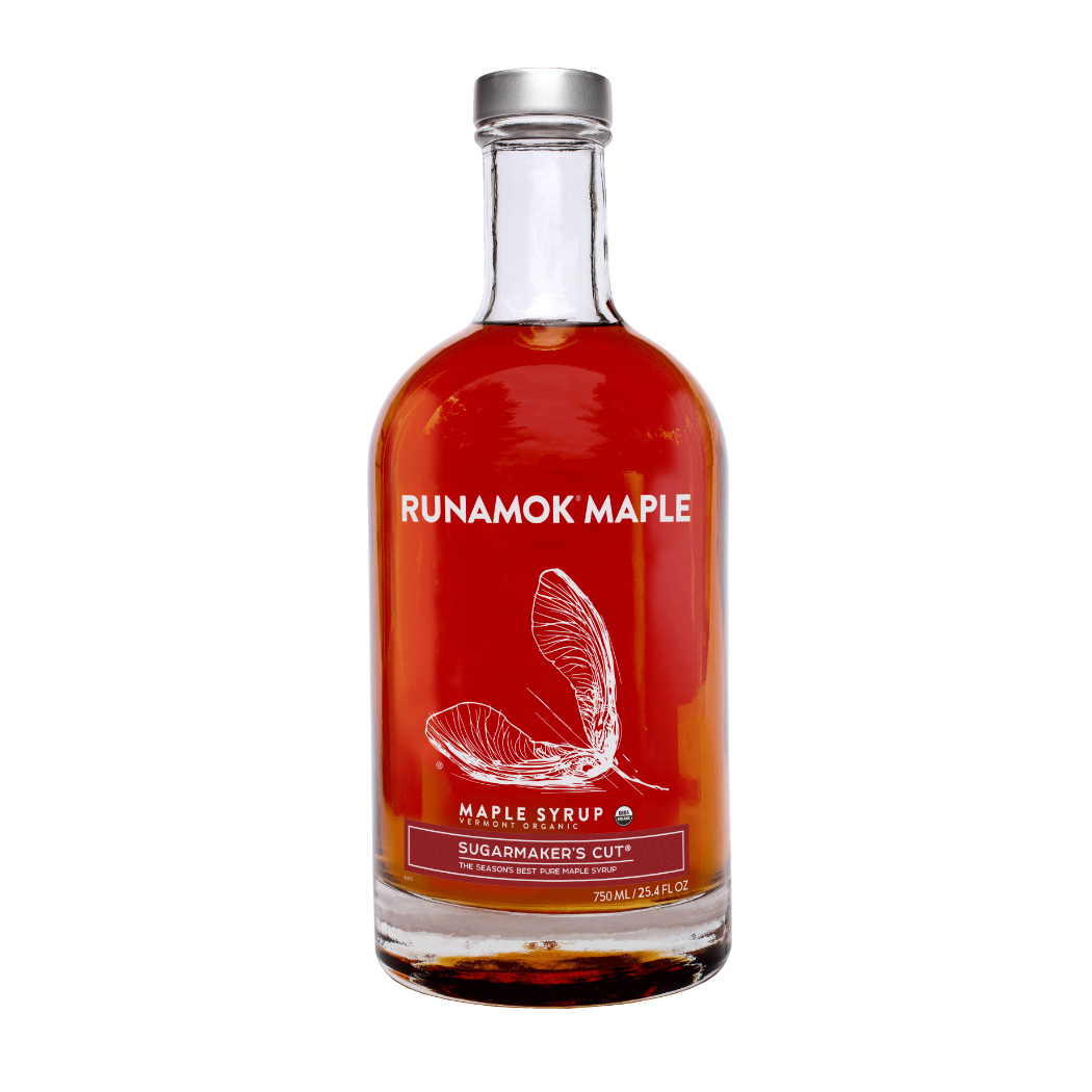 Bottle of Runamok Maple syrup on a white background