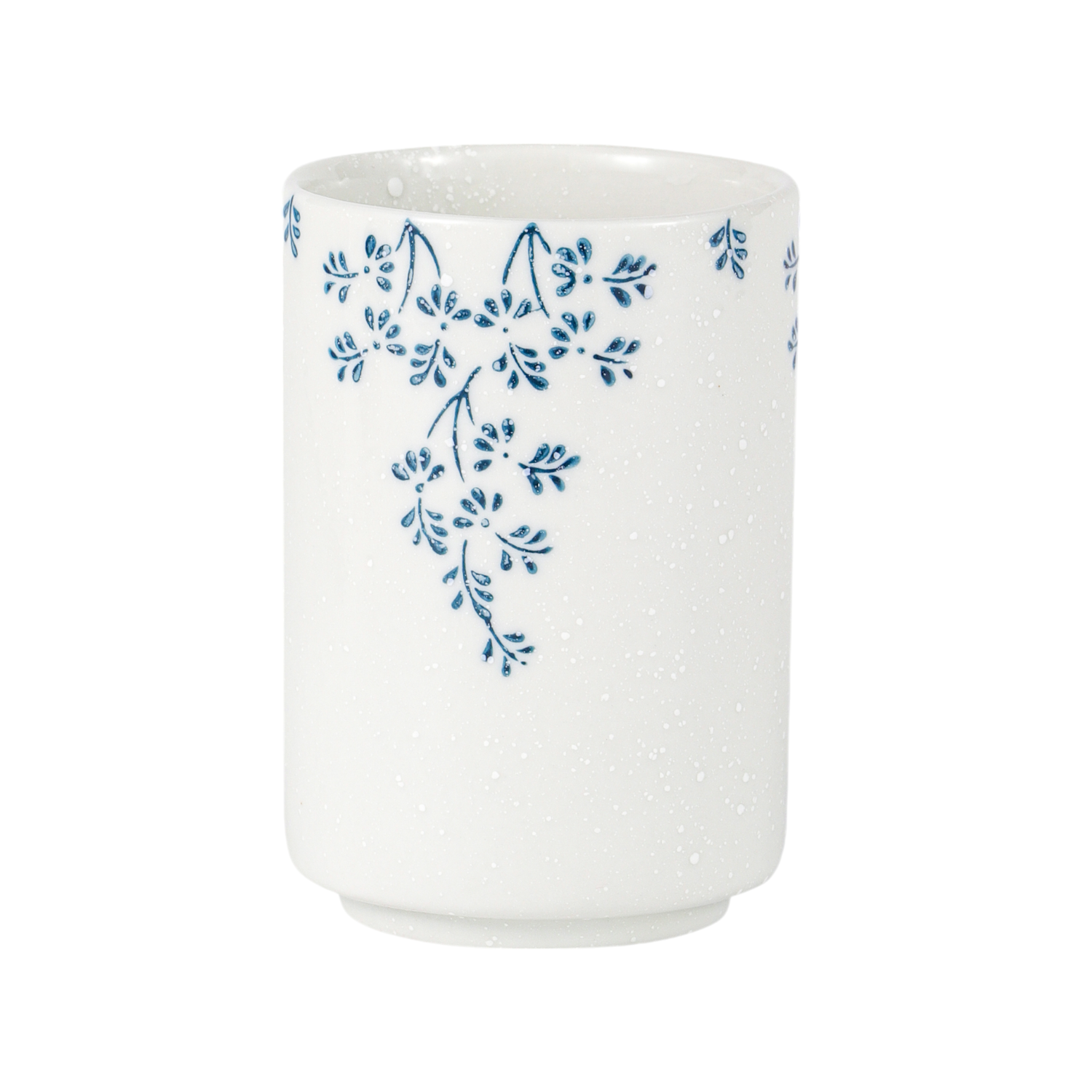 White ceramic tumbler with blue floral patterns on a white background