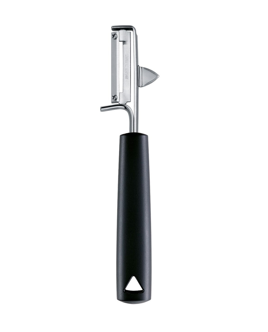 Cano opener with black handle and silver blade on a white background