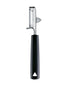 Cano opener with black handle and silver blade on a white background