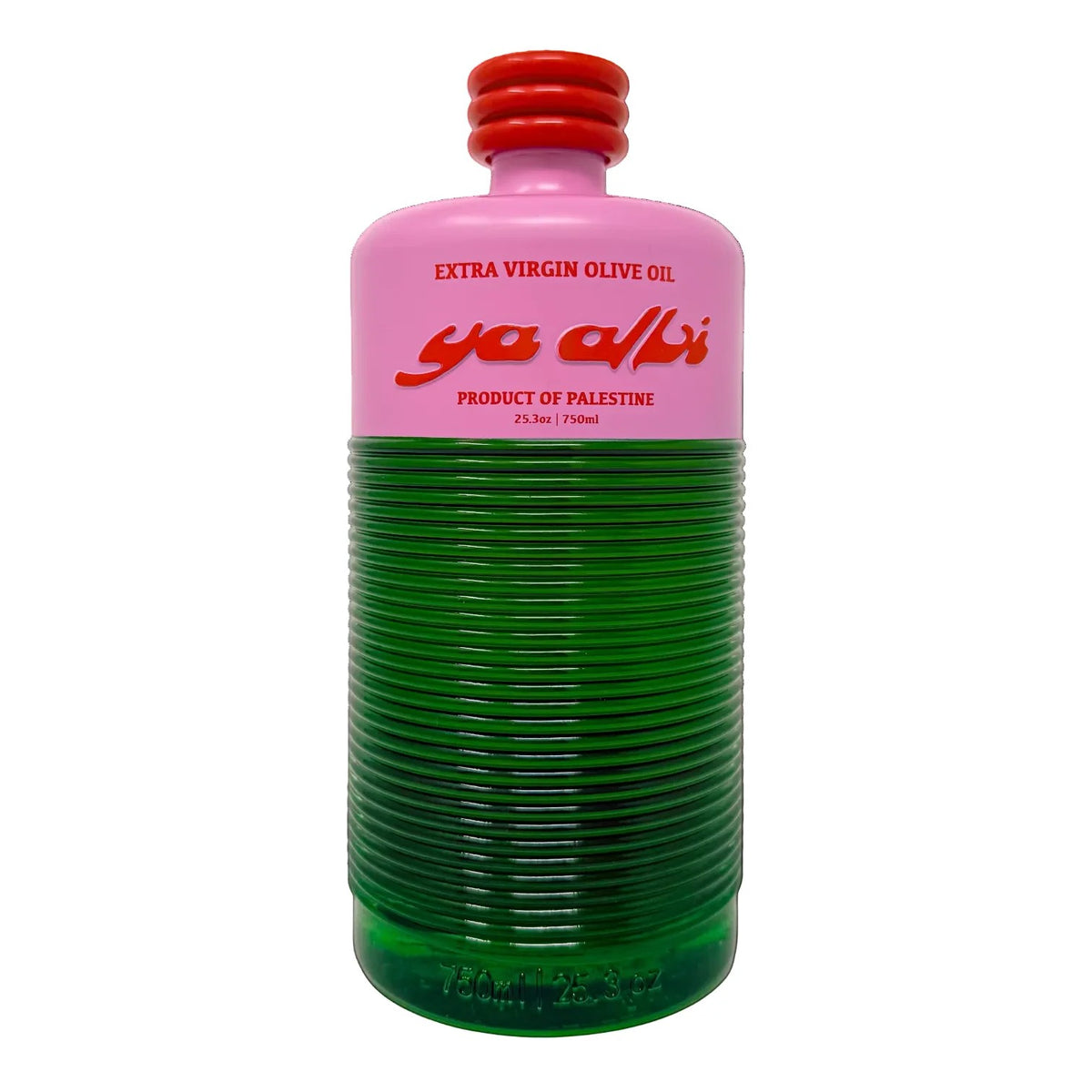 A glass bottle of Ya Albi Extra Virgin Olive Oil, featuring a two-tone design with a pink upper label and cap, and a ribbed green lower body, isolated on a white background.