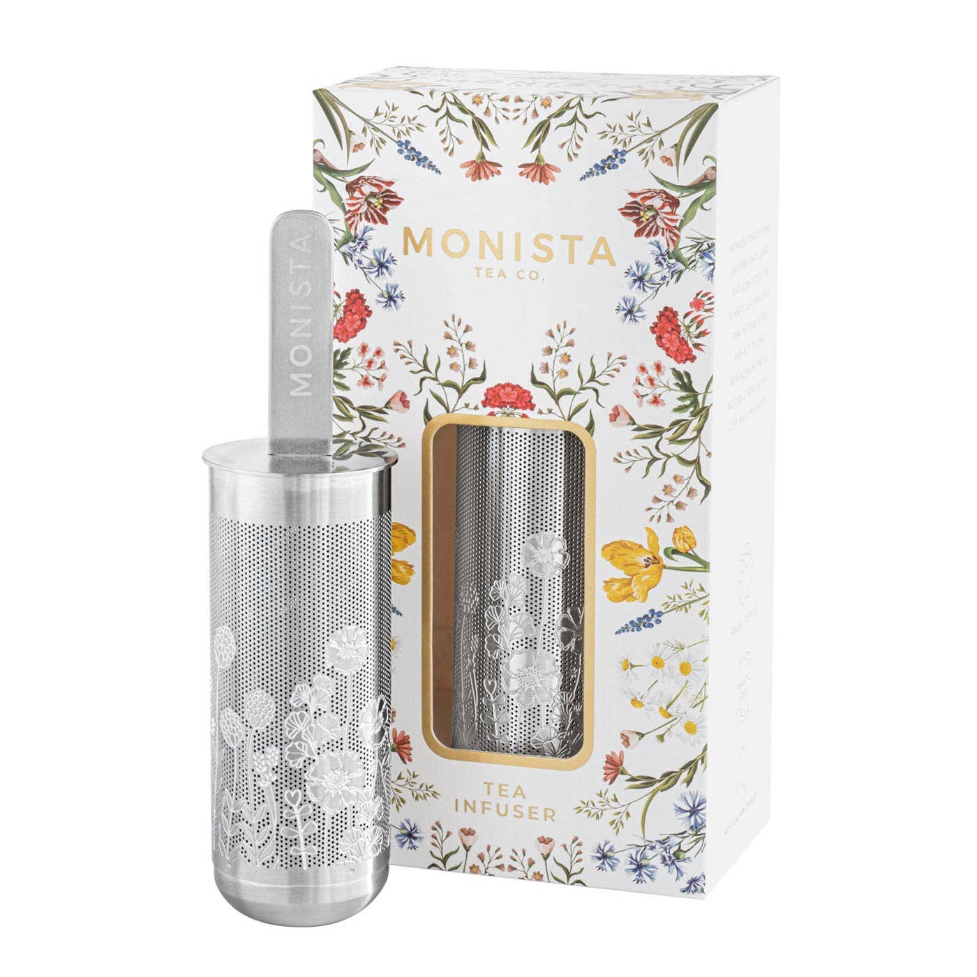 Silver tea infuser with floral packaging featuring the brand &