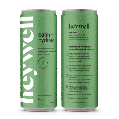 Two green cans of heywell calm + hydrate on a white background