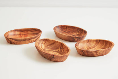 Set of 4 Italian Olivewood Aperitivo Bowls next to each other on a white background