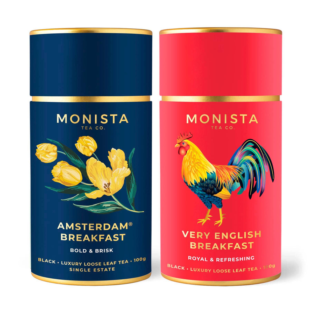 Two Monista Tea Co. canisters - Amsterdam Breakfast black tea and Very English Breakfast black tea - on a white background